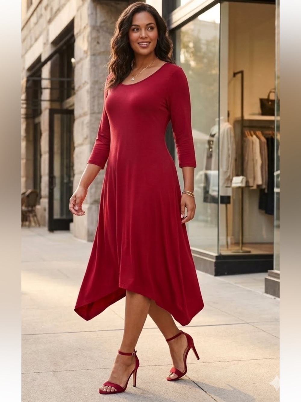Alfani A-Line Asymmetrical Hem 3/4 Sleeve Midi Dress Deep Red Size 10